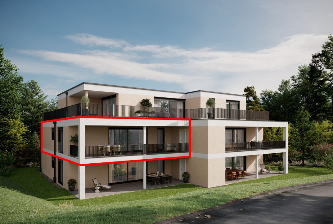 two-story house with balconies, beige exterior, glass windows, multiple plants, outdoor seating