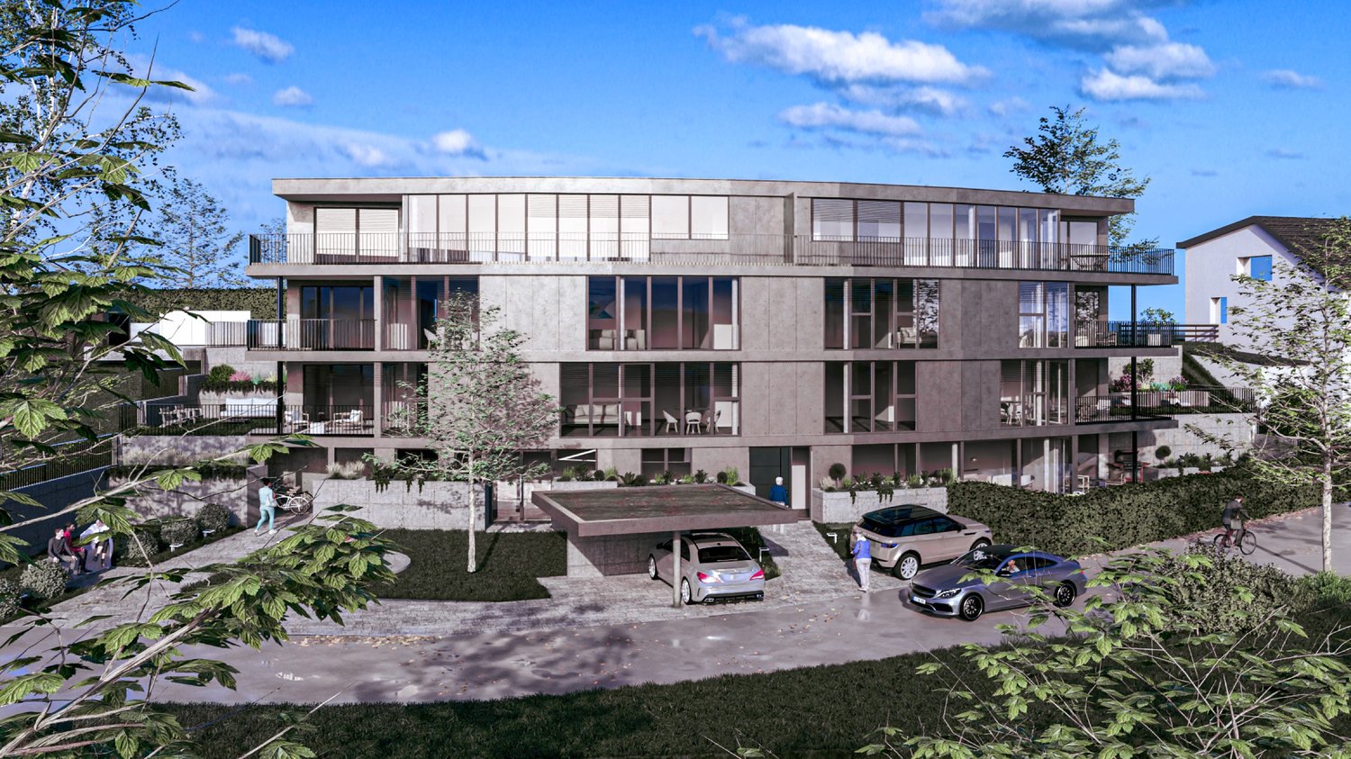 A curved modern apartment building with multiple balconies, a garage, parking area, and elevated driveway