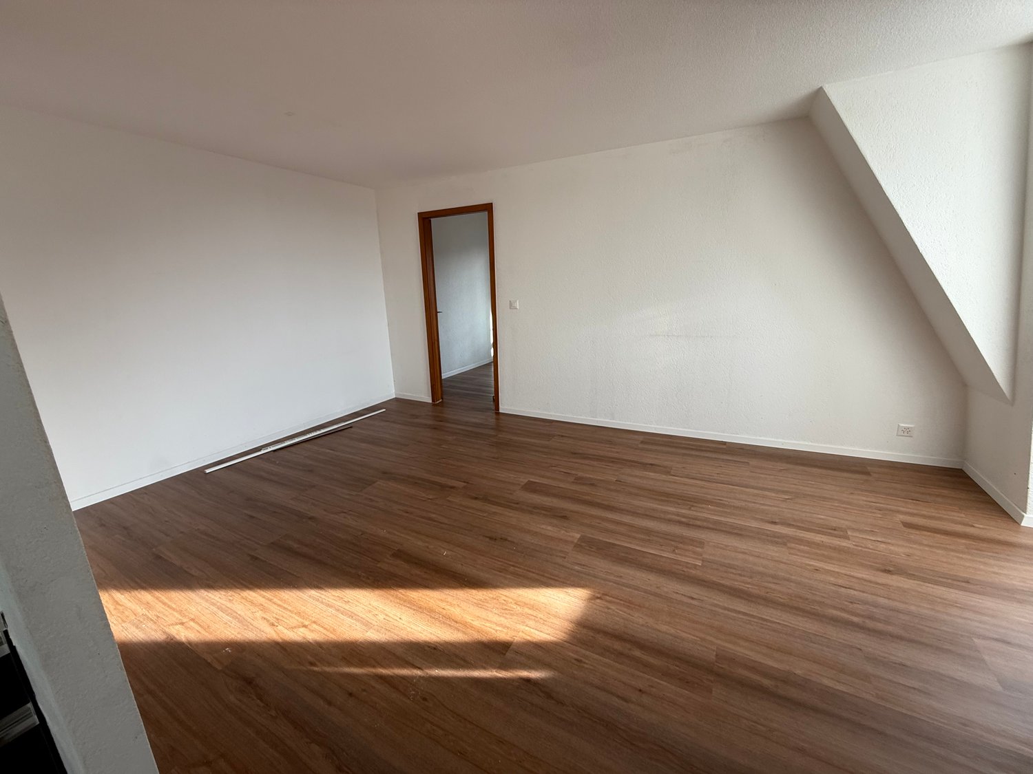empty room, wooden floor, white walls, wooden door, sunny