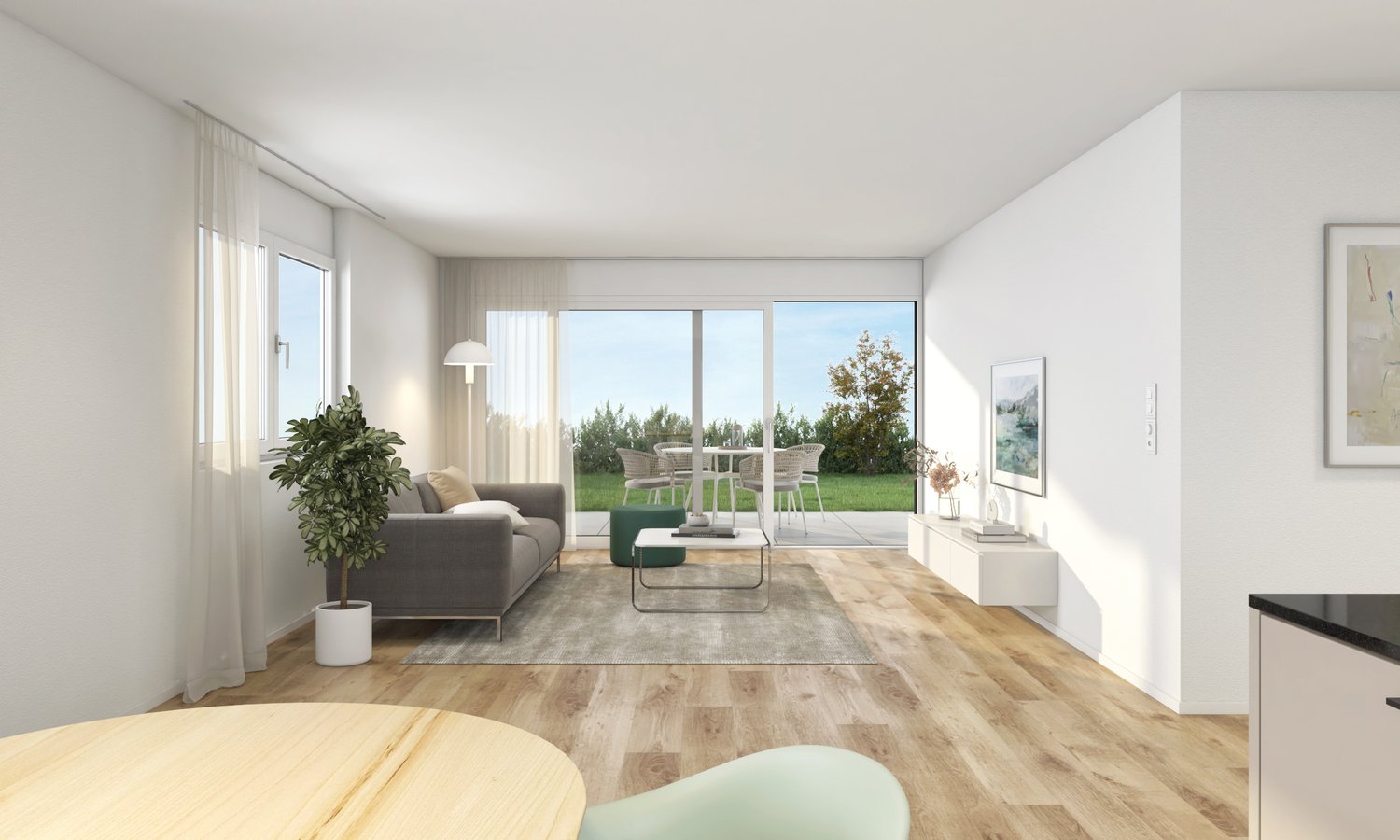 modern design, white walls, large windows, balcony, sofa, coffee table, floor lamp, potted plant, kitchen area