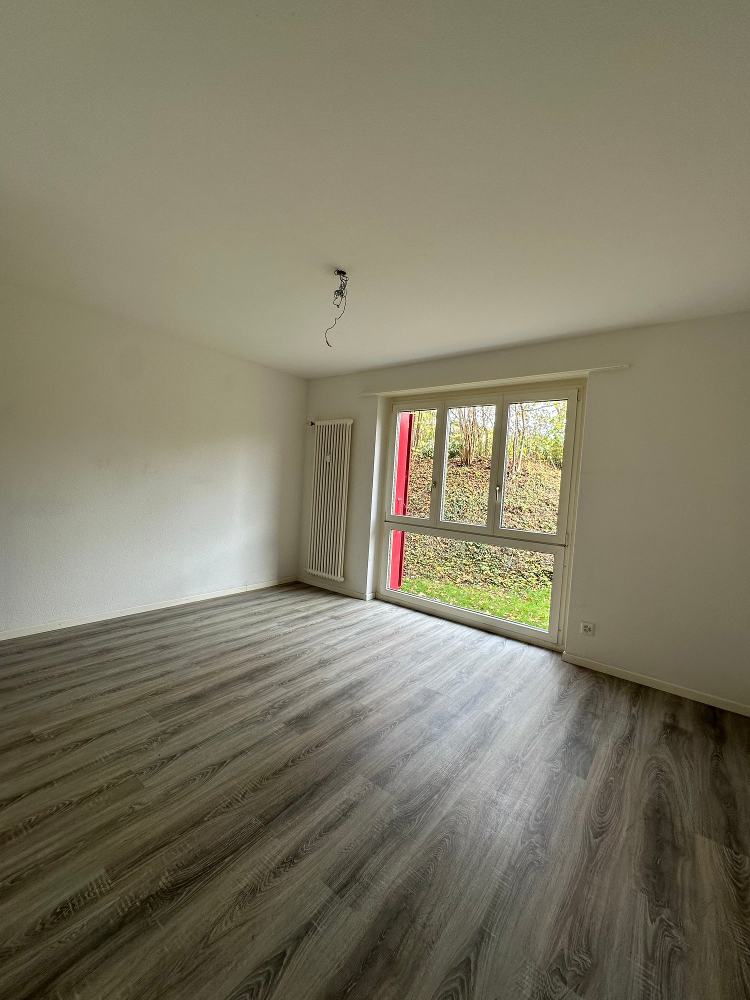 empty room, grey laminate flooring, white walls, double-glazed glass windows, power outlet, white heater