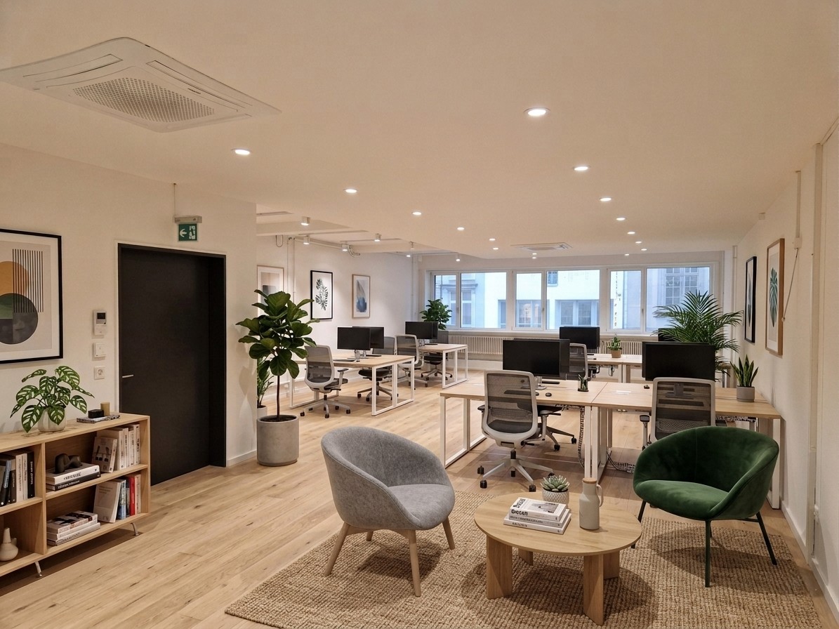 modern office space with wooden floors, white walls, multiple desks, office chairs, plants, bookshelves, and a rug