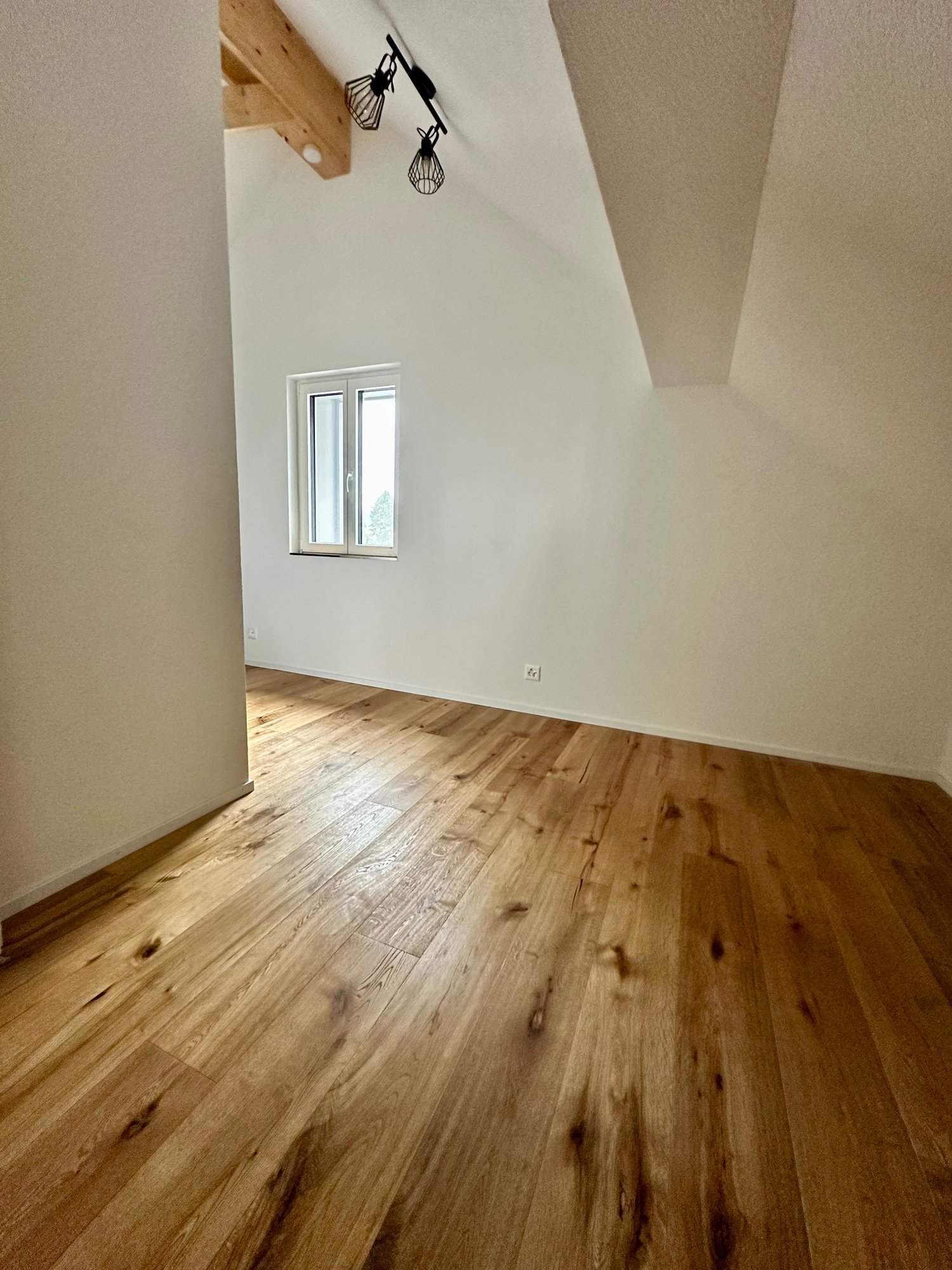wooden floor, sloped ceiling, power outlet, glass window