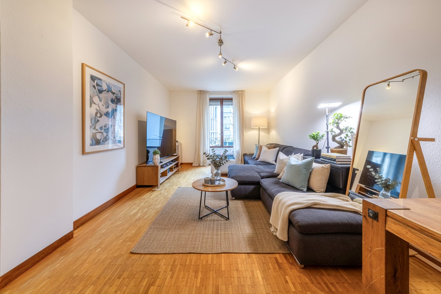 modern living room, sectional couch, wooden coffee table, floor lamp, wooden flooring, decorative frame, television, and rug