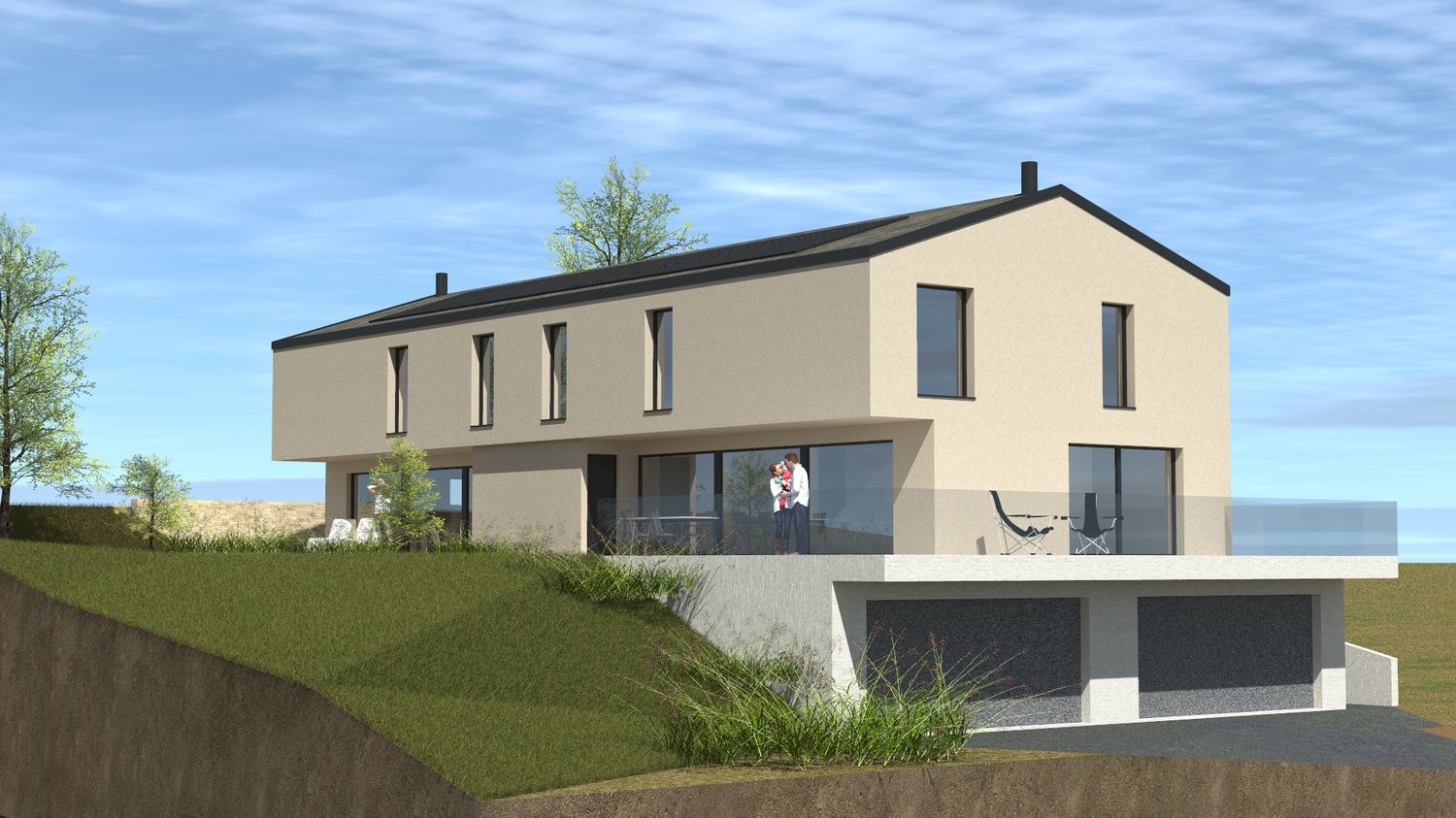 Two-story modern house with a flat roof, large windows, and a garage on the ground floor. The house has a beige exterior and is situated on a grassy slope with some trees in the background.