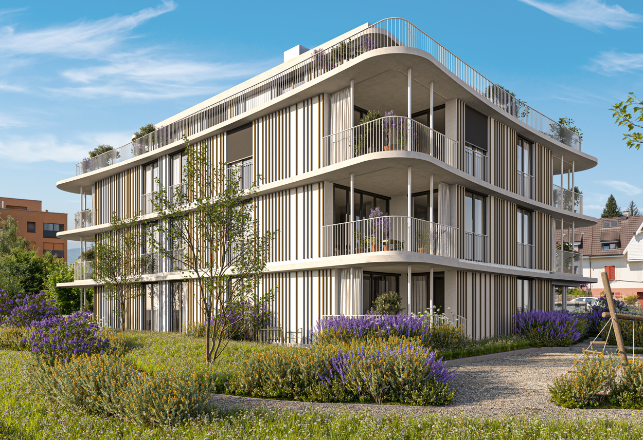 Modern apartment building, white exterior, large windows, multiple balconies, curved roofline, greenery, paved pathways, trees, garden, shrubs, playground.