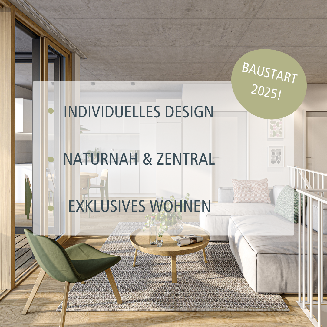 Modern living room with large windows, wooden floor, white walls, a sofa, a table with potted plants, a rug, a green chair, and an open balcony with railings.