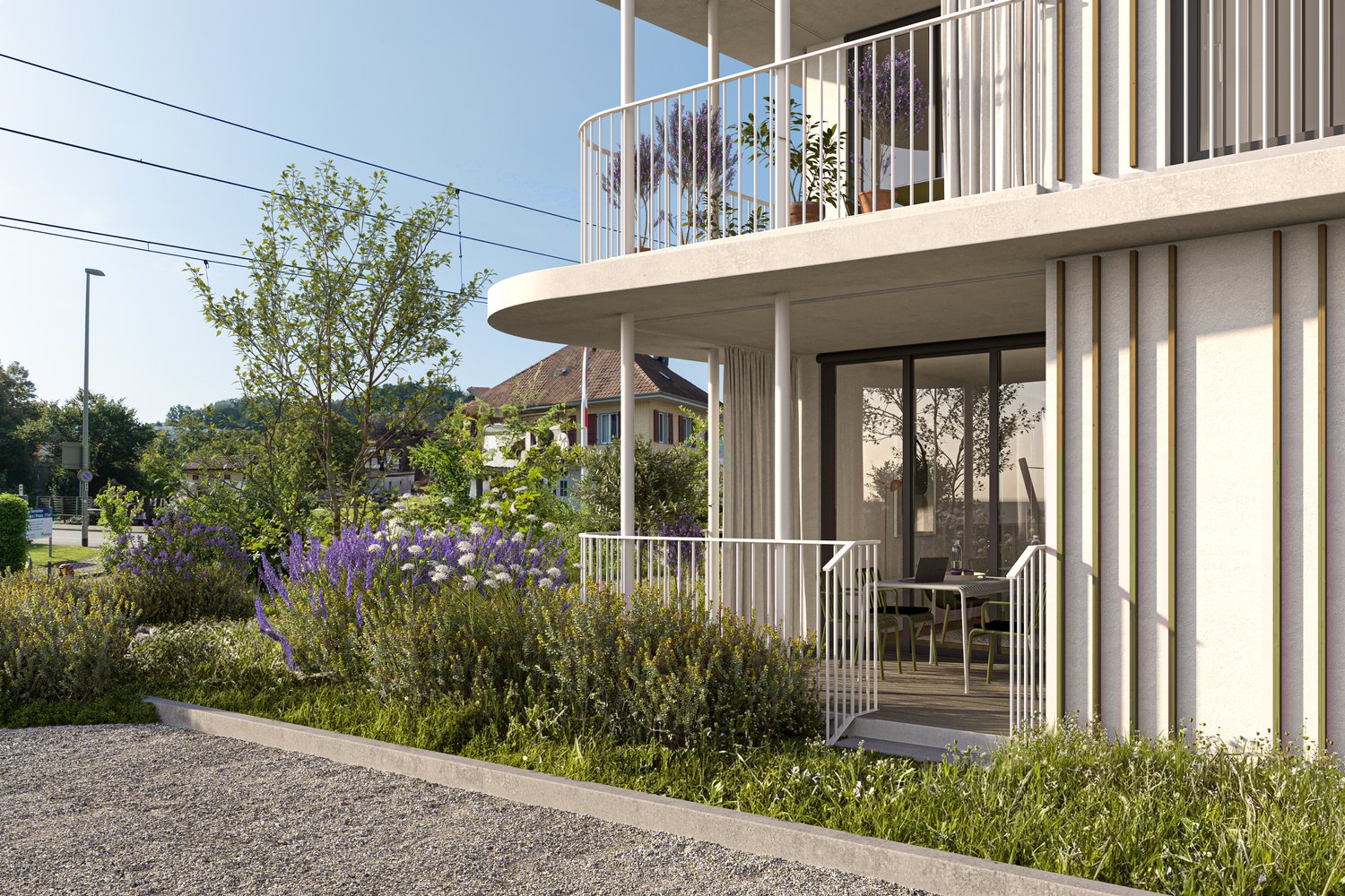 modern house, two floors, concrete and glass balcony, entrance with white railings, garden with flowers, street view