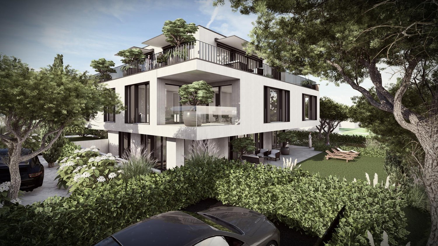Modern 2-story house, white exterior, large windows, balcony, garden, lounge chairs, trees, cars parked