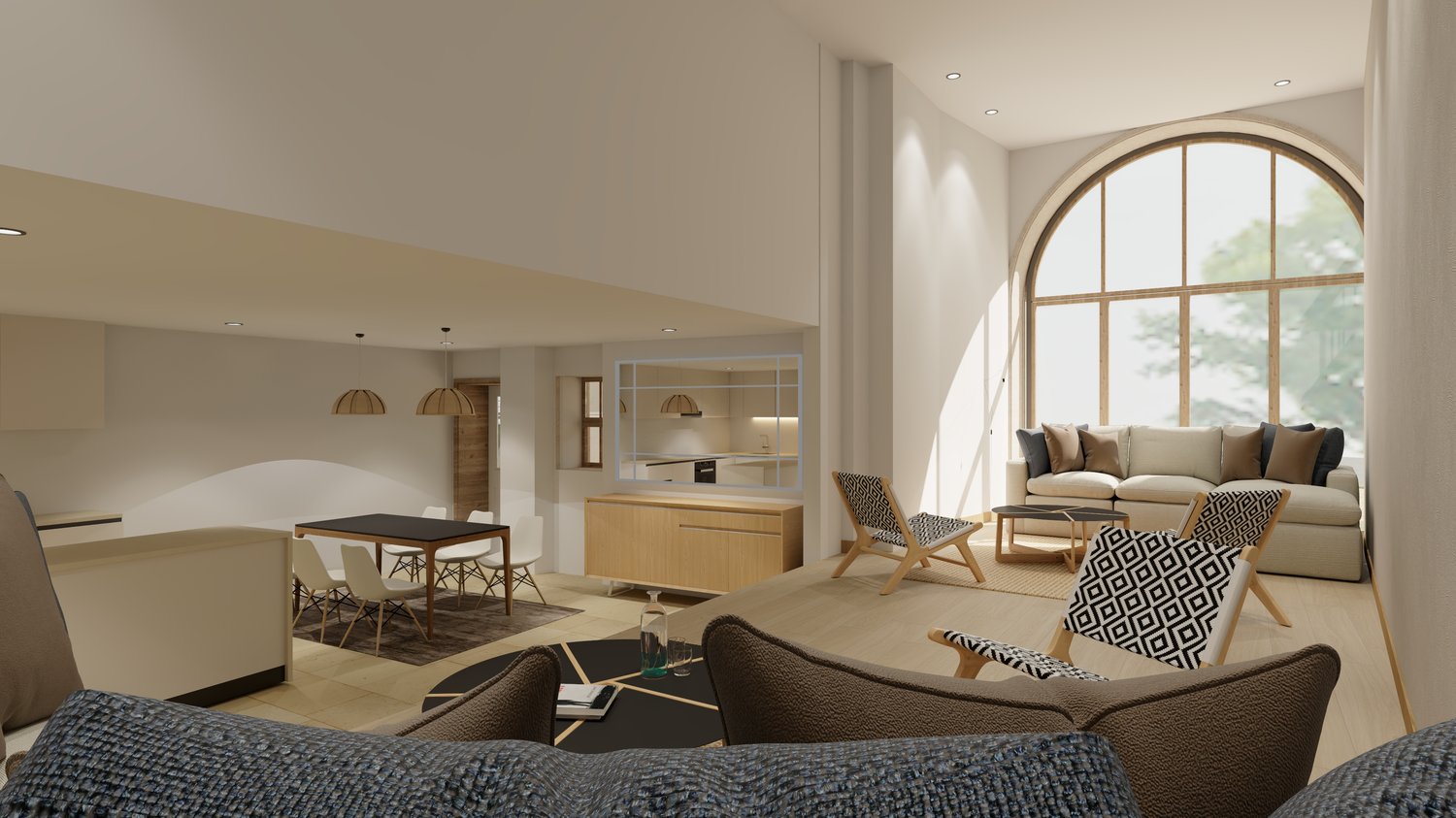 Spacious open-concept living area with large arched window, hardwood floors, modern furniture including a sectional sofa, armchairs, and a dining table, pendant lighting, and a view of the outdoors.