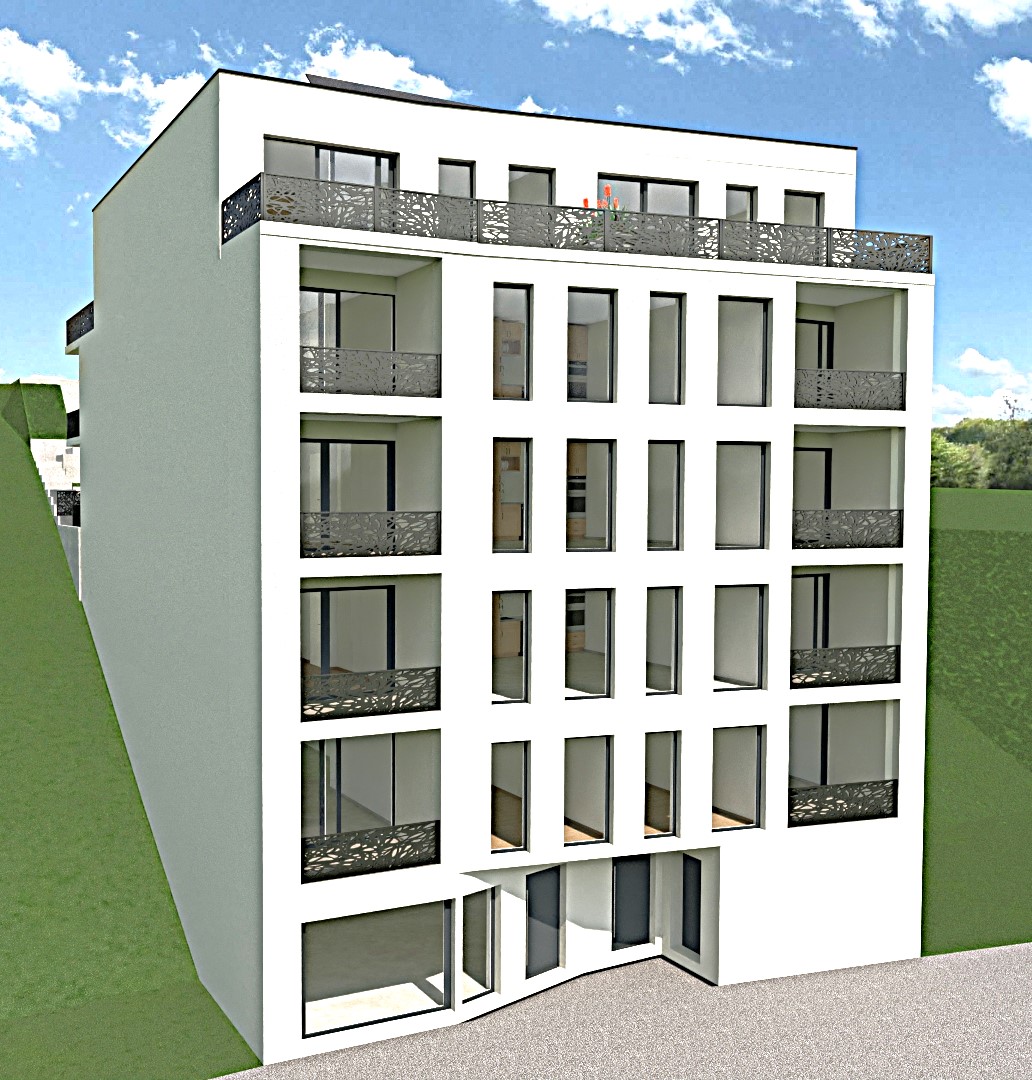5 story white building, curved bottom, balcony on every floor, large windows