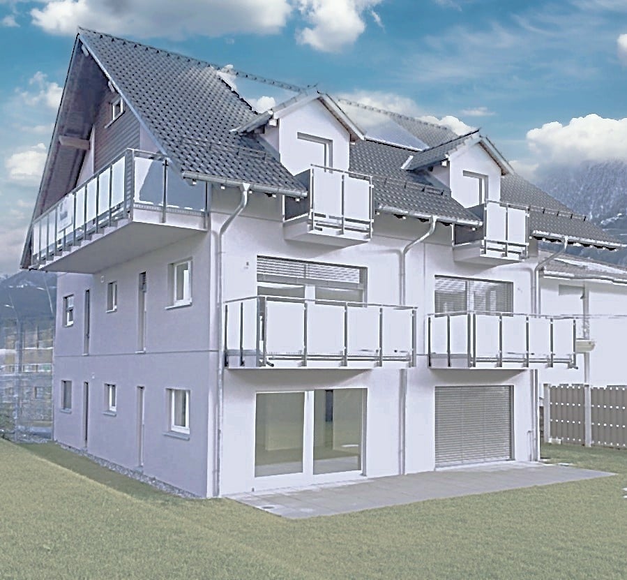 2 story house, white exterior, gray roof, multiple balconies, solar panels, garage