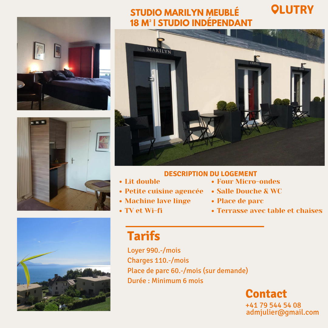 Studio with double bed, small equipped kitchen, separate shower and WC, washing machine, TV, Wi-fi, Terrace with table and chairs, parking