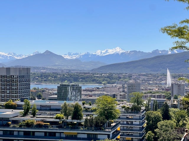 The image shows a panoramic view of a city skyline with high-rise buildings, surrounded by mountains in the background. The city appears to be located near a body of water, possibly a lake or river. The sky is clear and blue, and the scene is framed by tr