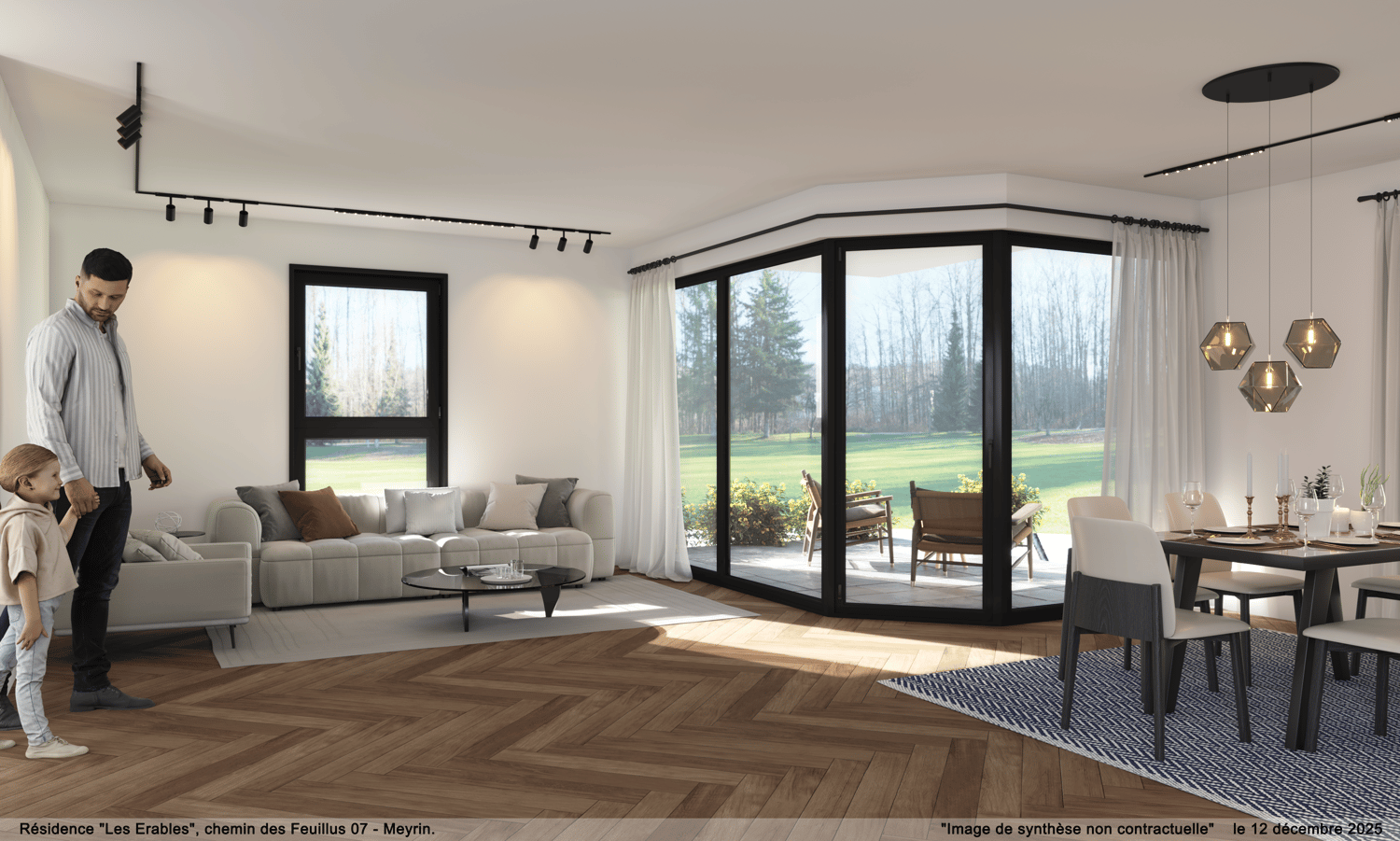 modern living room, large windows, sliding glass doors, wooden floor, white couch, coffee table, dining table, chairs, pendant lights