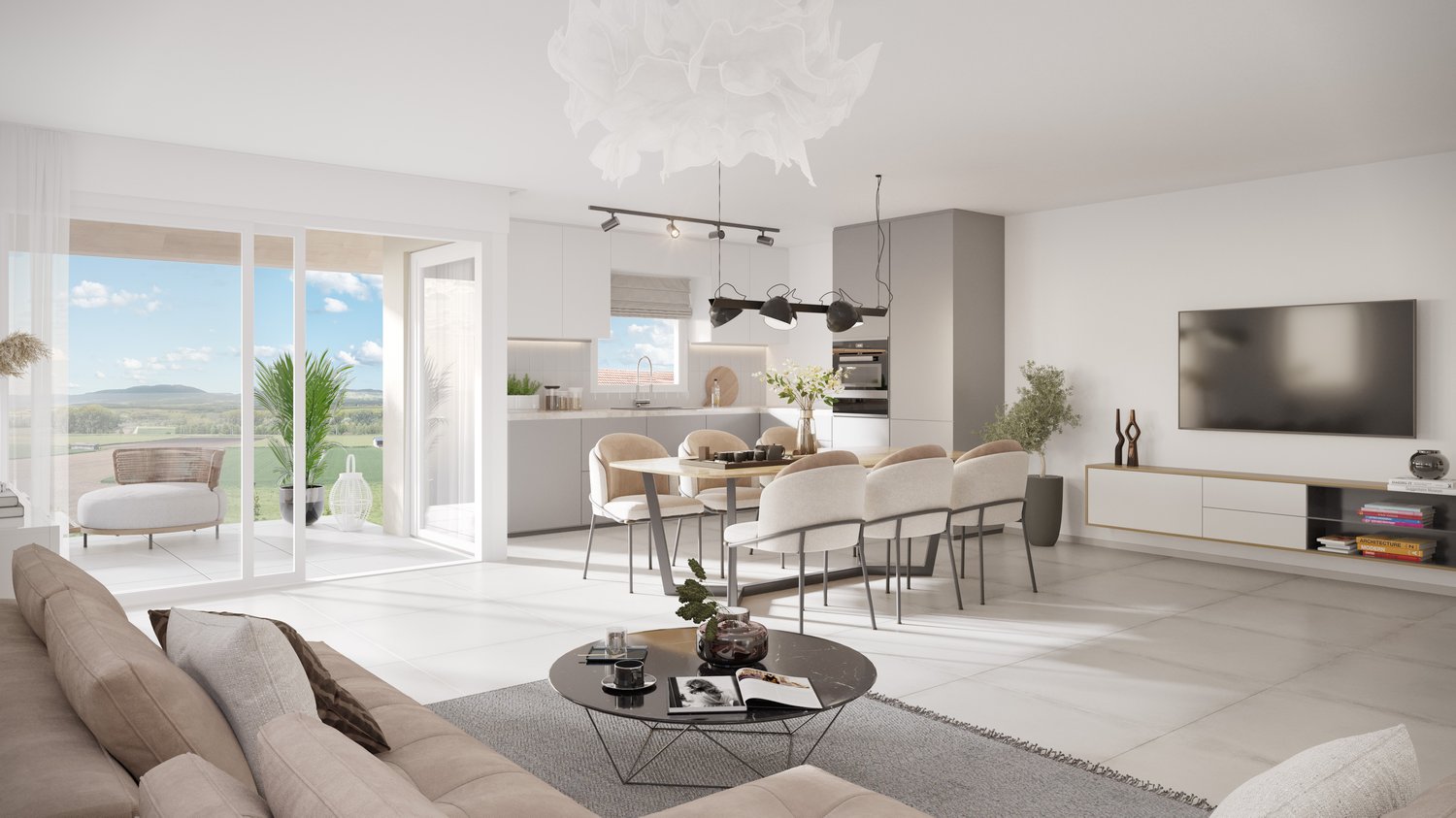 Spacious open-plan living area with large windows offering a scenic view, modern kitchen with white cabinets, dining table with chairs, living room with sofa and coffee table, track lighting fixture, and potted plants adding greenery to the space.