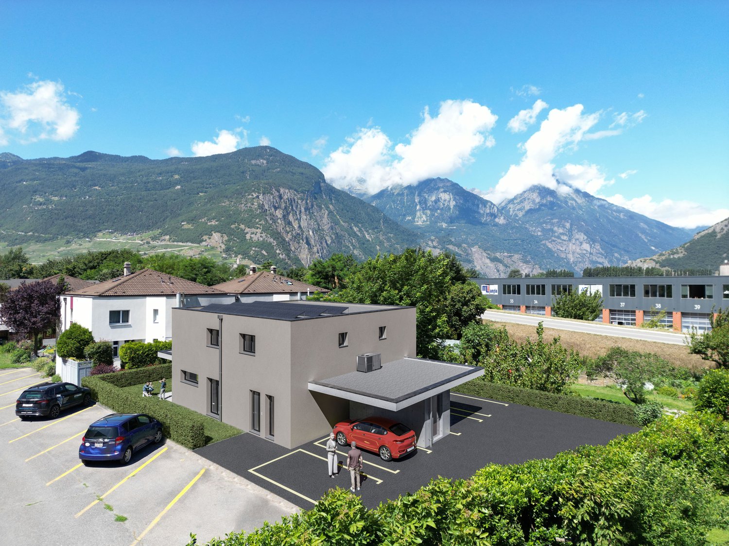 modern 2-story house, gray exterior, solar panels on the roof, garage, multiple parking spaces