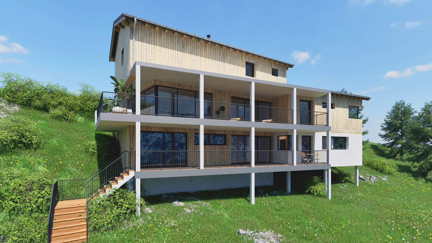 2 story wooden house, concrete balcony, green grassy hill