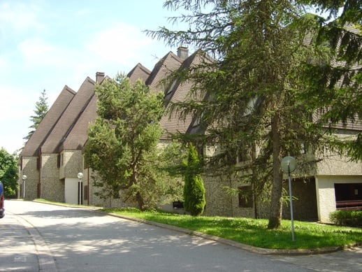 Row of townhouses, brown roof, stone walls, large windows, well-kept lawn, street lights