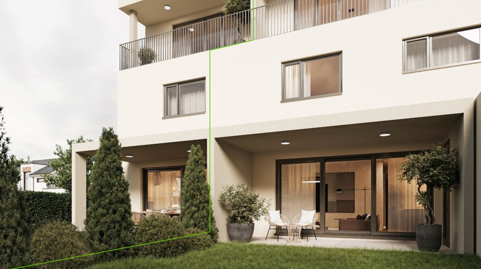 Two-story building, white facade, glass doors, windows, balcony with railings, garden with potted plants