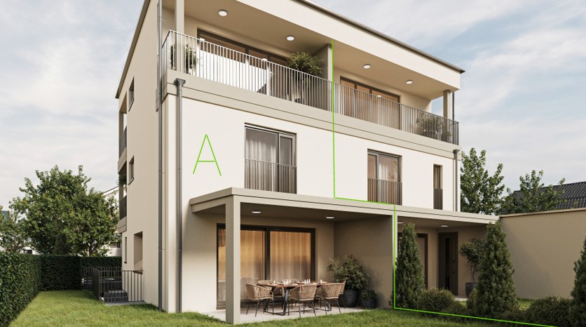 3-story apartment building with balconies, outdoor patio area, and landscaping