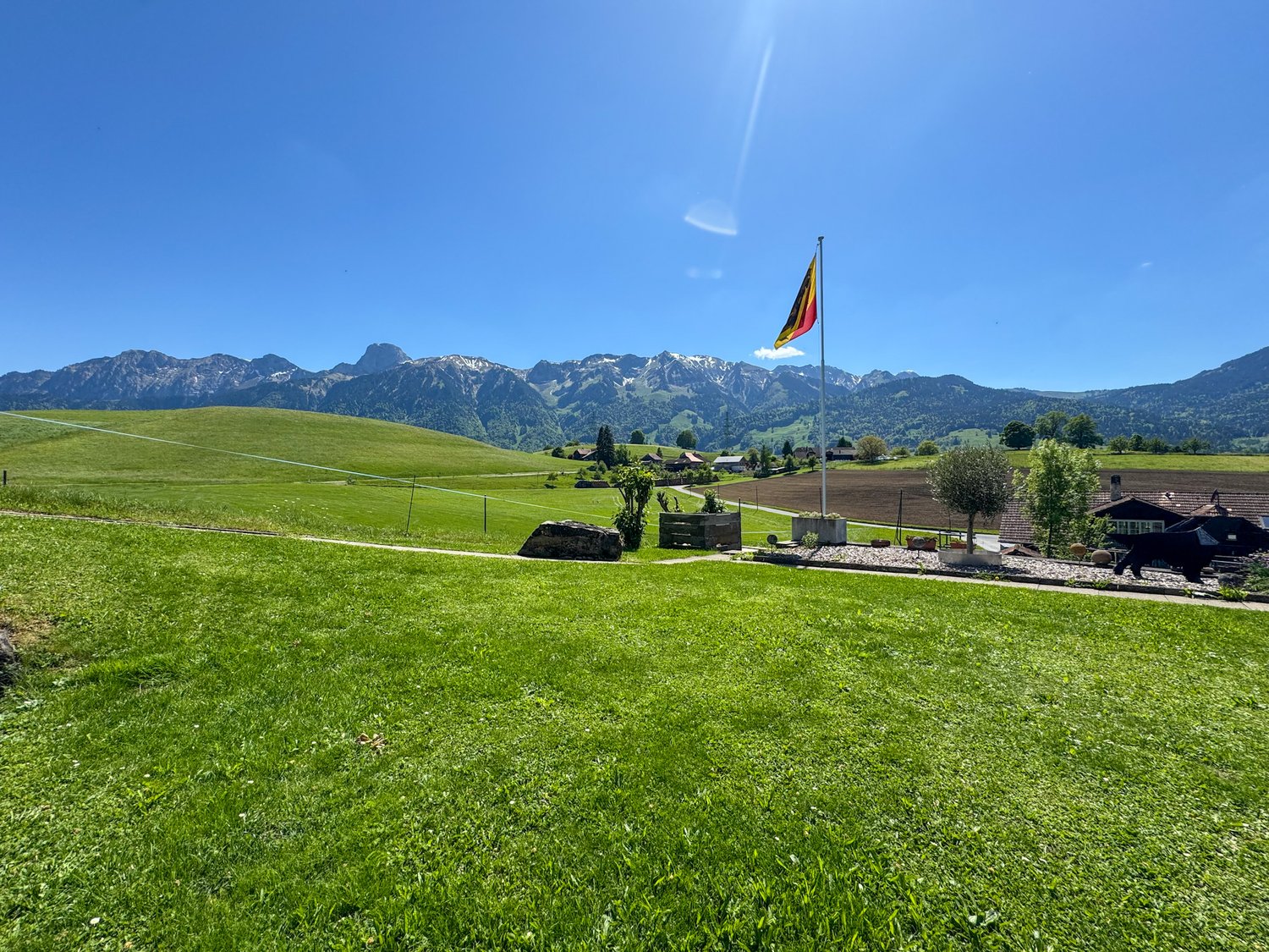 The image shows a picturesque rural landscape with rolling green hills, snow-capped mountains in the background, and a German flag waving in the foreground. There are several buildings and structures visible, including what appears to be a small village o