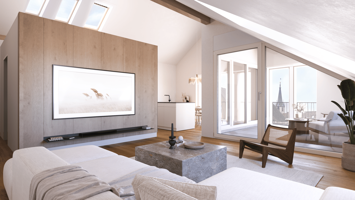 Living room with sky windows, large flat screen TV, white couch, white coffee table, white carpet, glass sliding doors