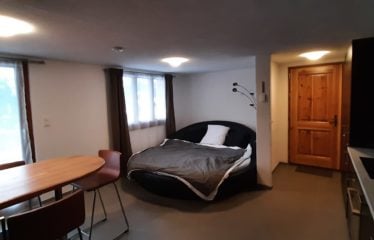 Spacious bedroom with large windows, wooden furniture, and a seating area