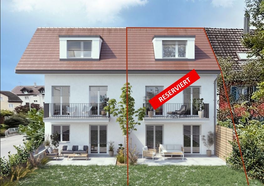 Two story house, brown roof, balconies on both floors, two sets of outdoor furniture on both floors, plants, street view