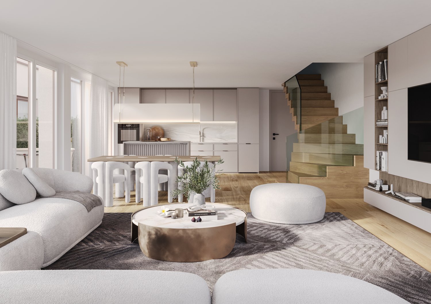 Open floor plan with living room, dining area, kitchen, and staircase.