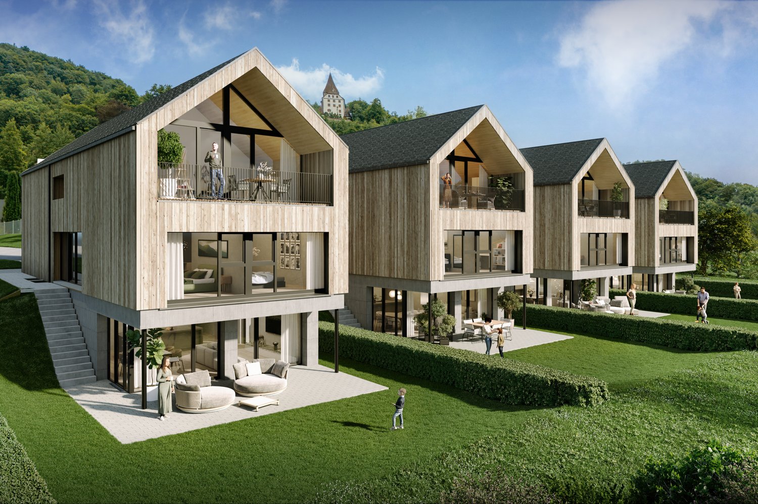 wooden exterior, multiple balconies, spacious living areas, surrounded by lush greenery