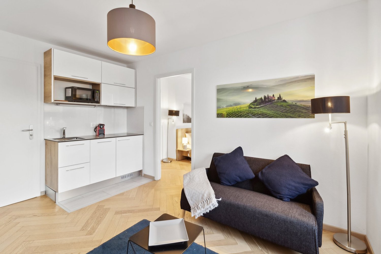 The image shows a studio apartment with an open-plan layout. The kitchen area features white cabinets and a built-in microwave, and the living area has a comfortable sofa with blue cushions. The room is well-lit with a pendant light fixture and floor lamp