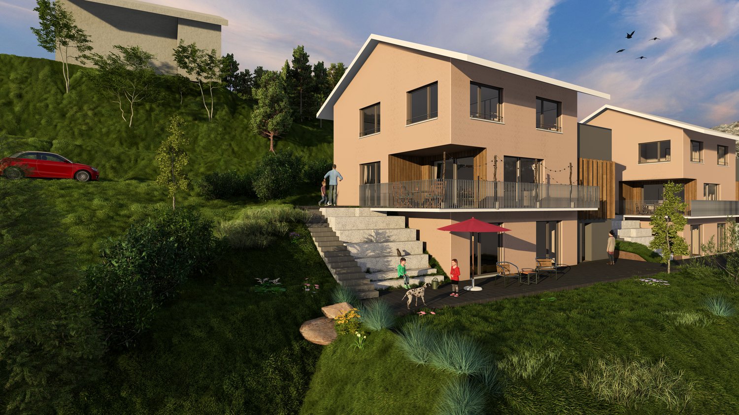 two story house with beige walls, several windows, glass balcony, steps to entrance, small garden in front, a couple and child standing on the steps, a dog, a red car