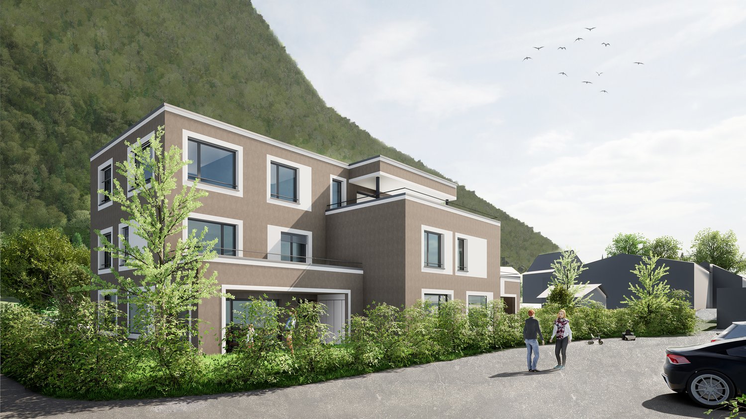 2 story house, brown walls, white windows, 3 balconies, cars, mountains