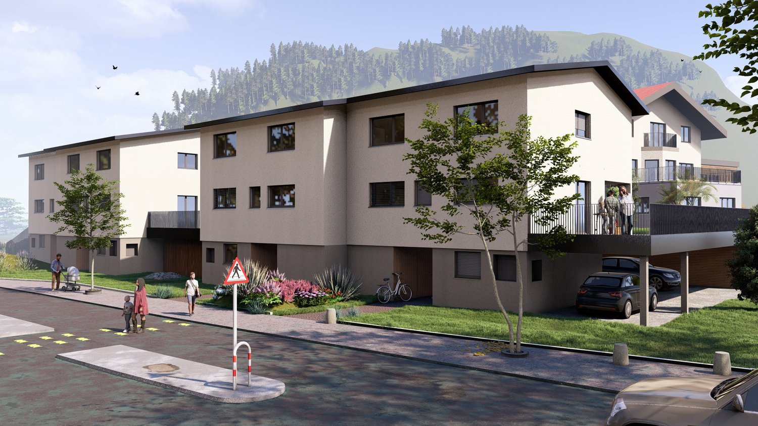 3 story building, beige walls, black roof, garden, cars parked, people walking, balcony, windows, greenery