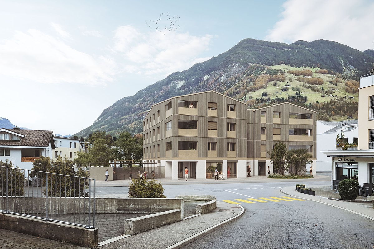 Modern apartment building with wooden facade, 5 stories, balcony, large windows, mountains in the background