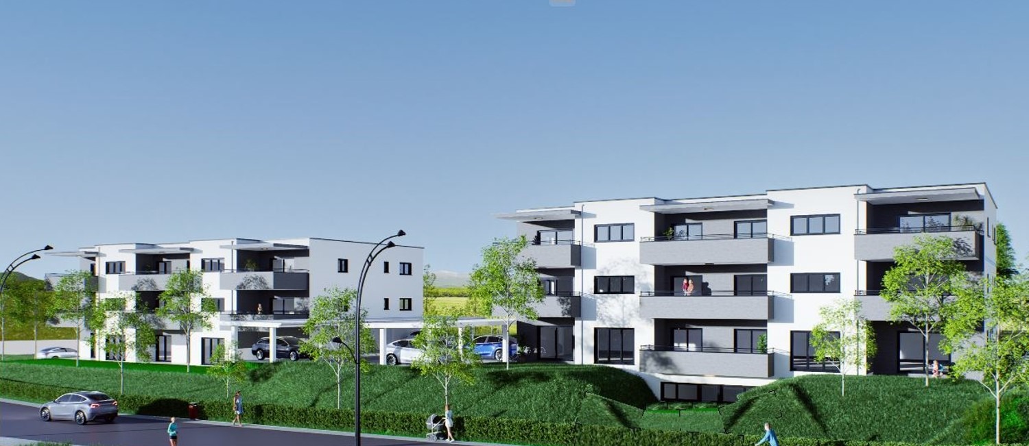 Modern apartment complex, several floors, balconies, parking garage, trees, grass, and people walking