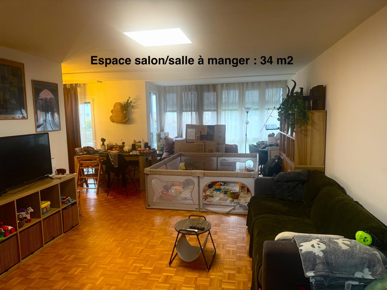 modern apartment living room, wooden floor, sofa, tv, center table, children playpen, dining table, chairs, bookshelves