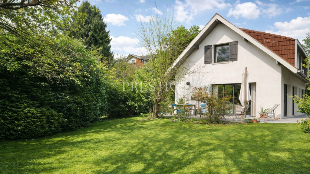 modern single family house, white walls, red roof, large garden, patio, raised ground floor