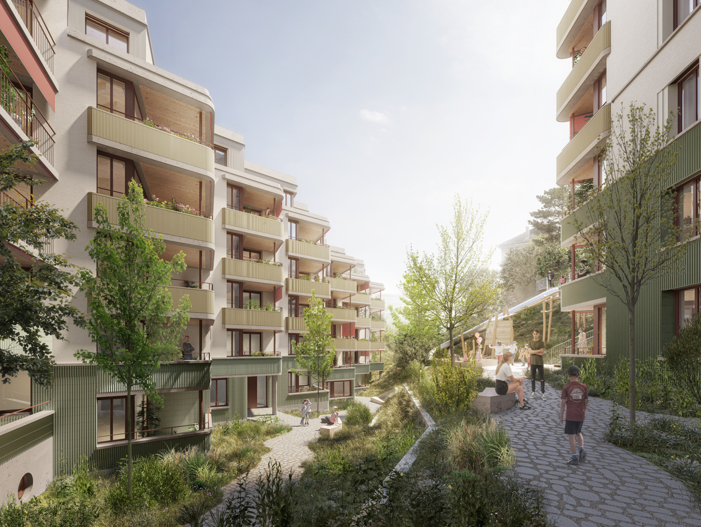 Several multi-story residential buildings with balconies, a park with people and children.