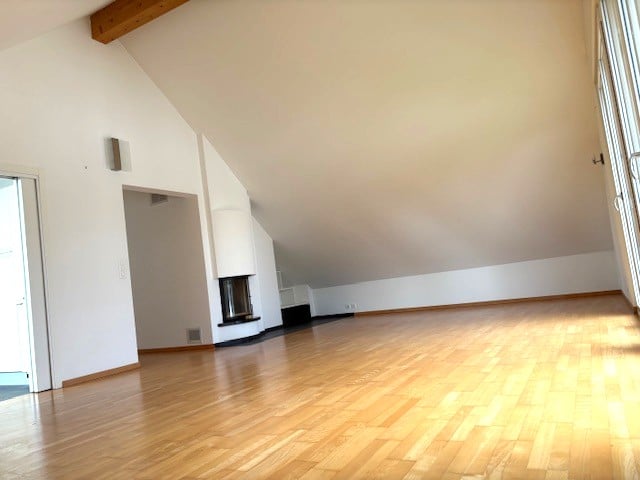 wood floor, fireplace, large windows, sliding door, open layout
