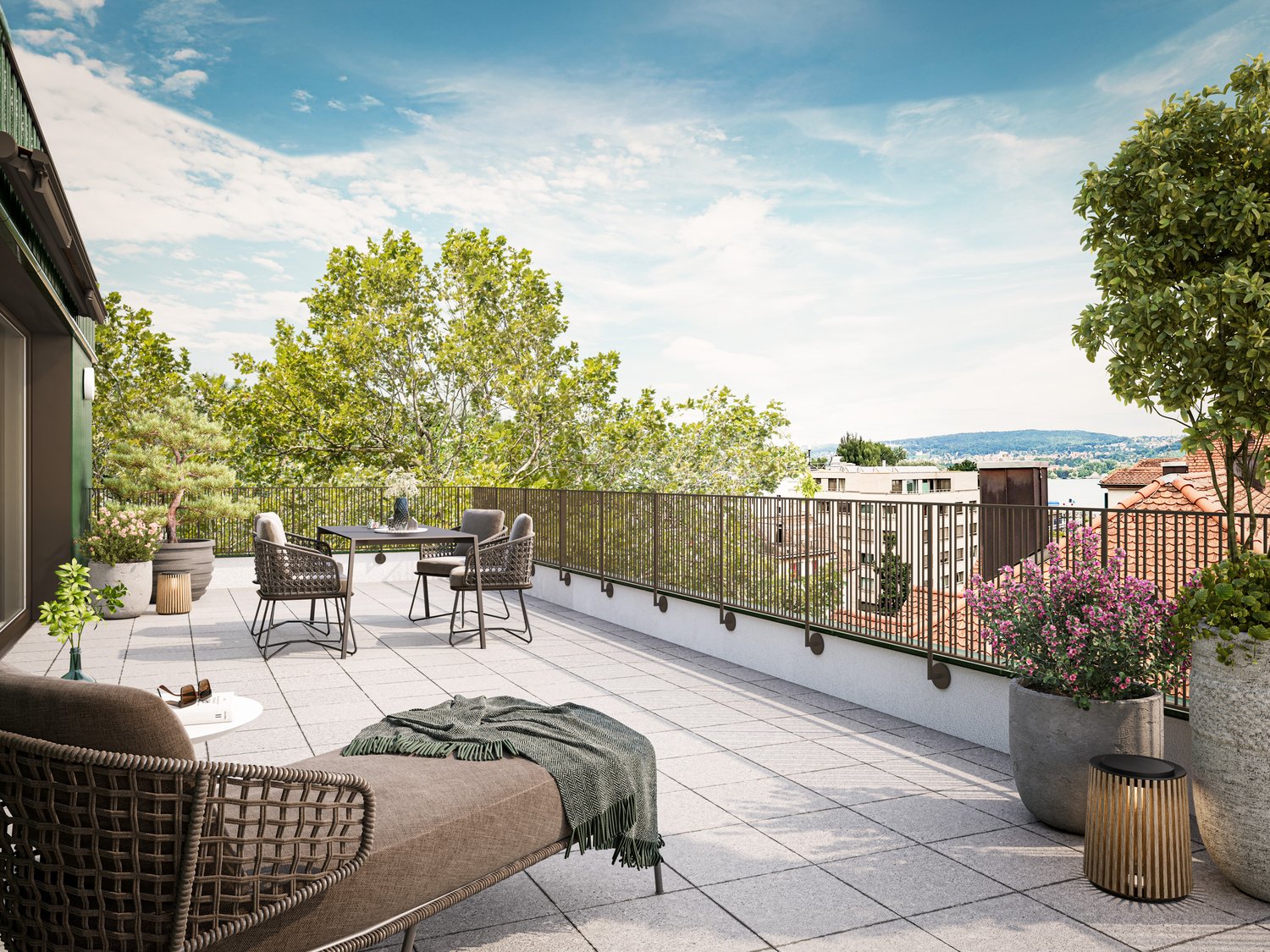 outdoor table and chairs, plants, view of city
