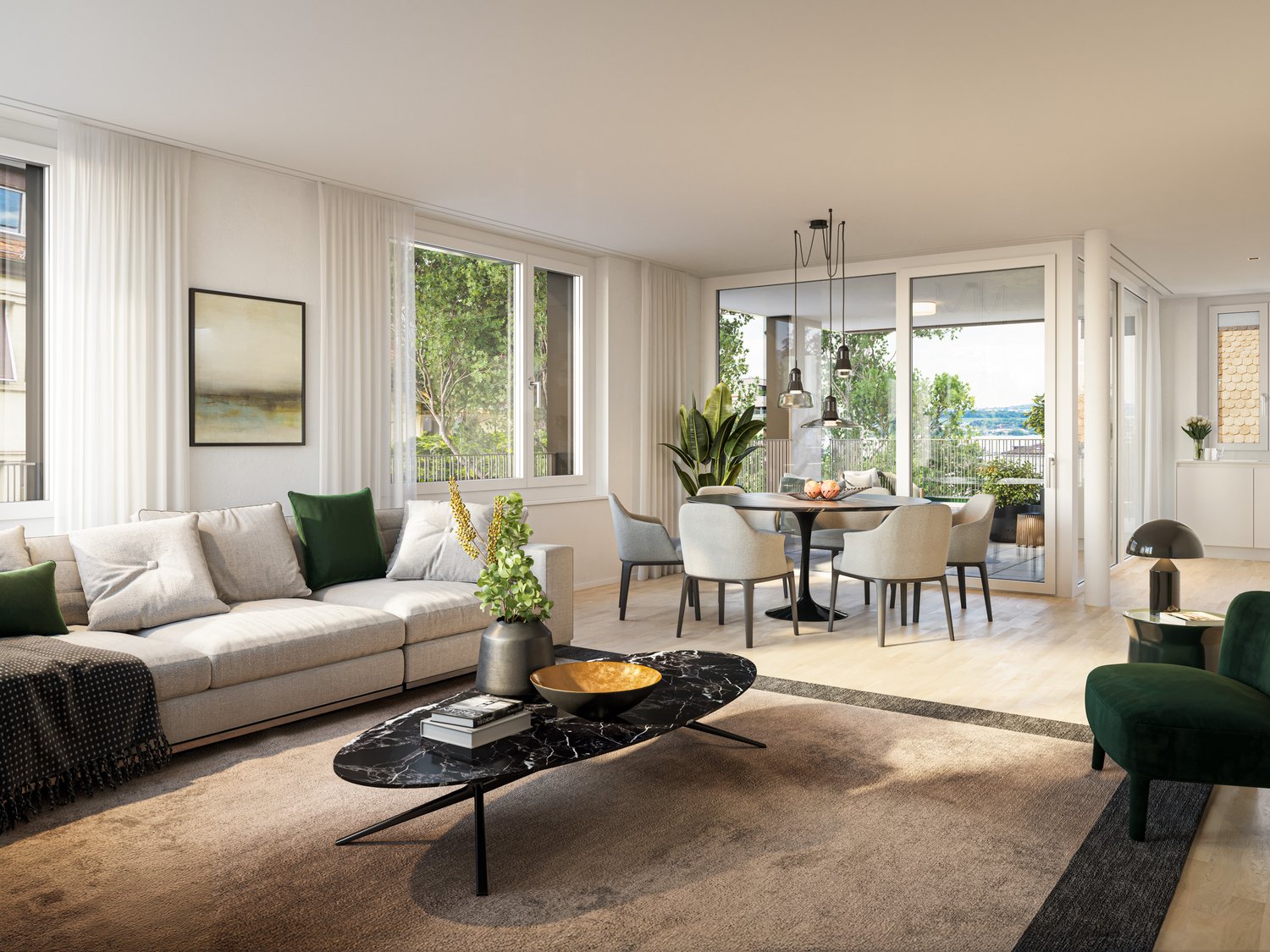 modern open-plan living/dining space, large windows, balcony, outdoor dining table, white walls, hardwood floor, large gray couch, marble coffee table, accent lamp, greenery