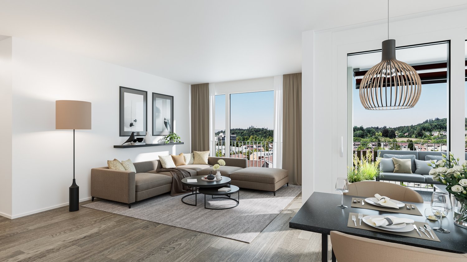 Floor lamp, Couch, center table, dining table, large windows, balcony, view