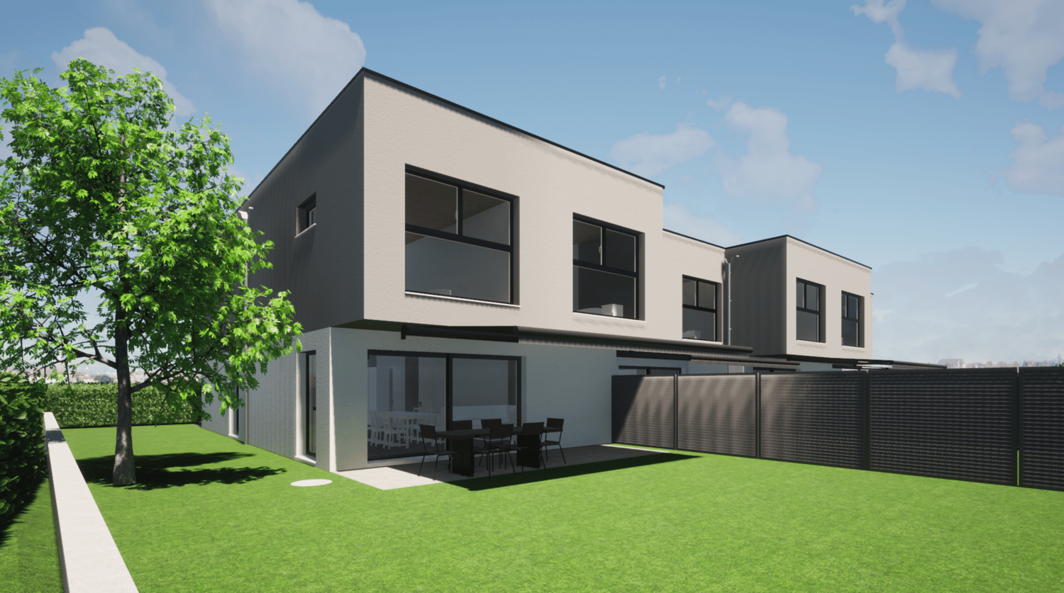 2-story modern house with a flat roof, black and white exterior, large windows, balcony, garage, and a fenced yard with a lawn and trees