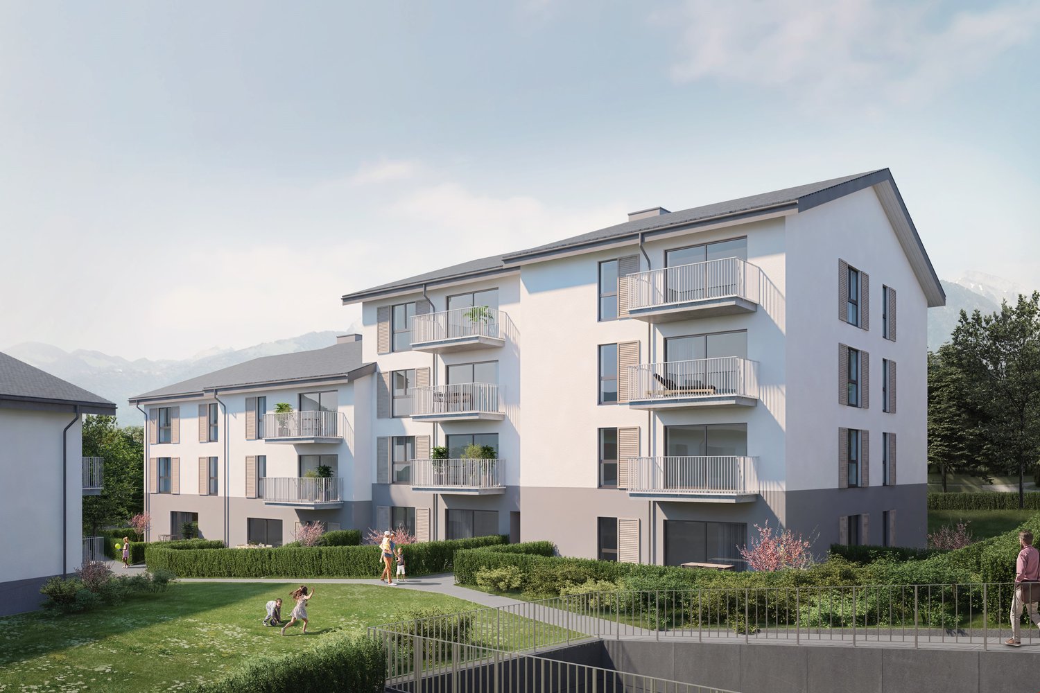 Modern apartment building with balconies, landscaped garden, and walking paths