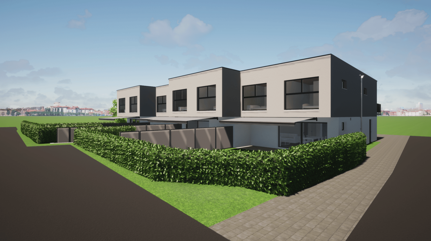 Modern house, 3 floors, large windows, awnings, hedges, paved walkway