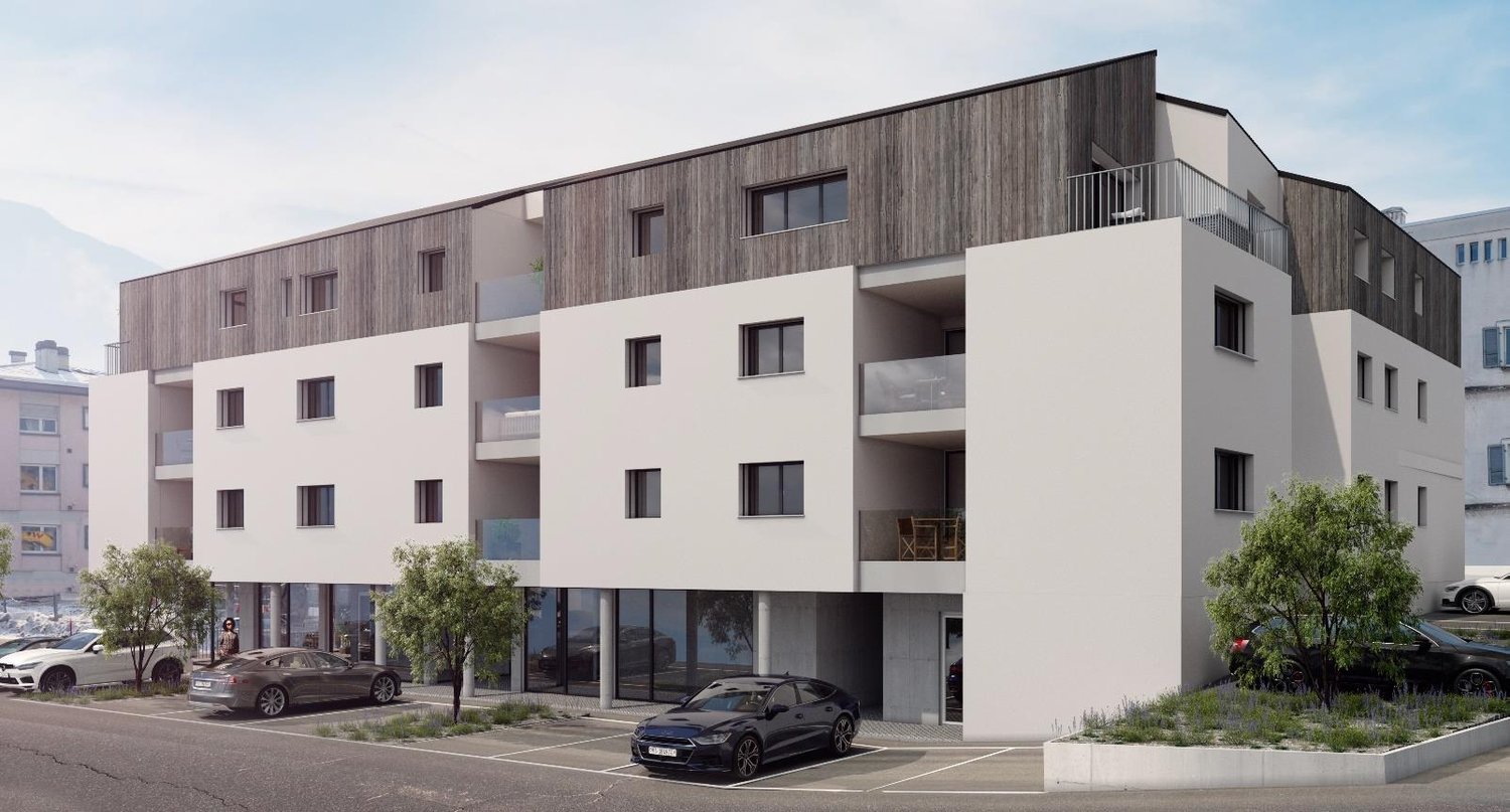 3 storey apartment building, wood-look wall, multiple balconies, large windows, modern design, car park