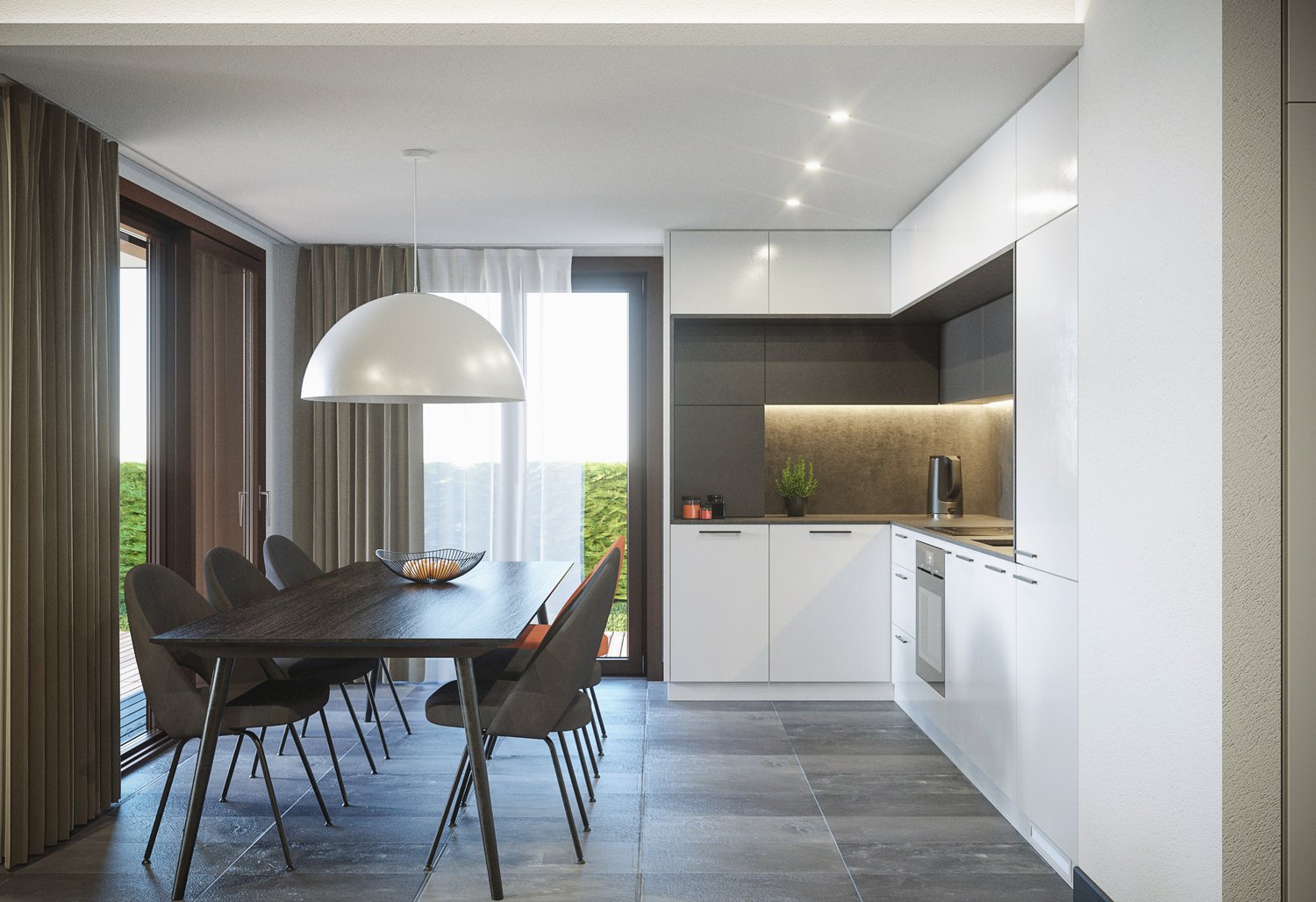Dining room with a wooden table, chairs, white cabinets, kitchen with a stove, oven, and sink, a glass door with a balcony, and a lamp hanging from the ceiling.