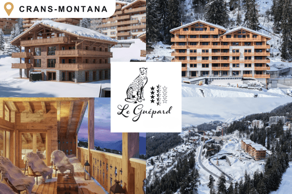 Wooden chalet, multiple balconies, snow-covered surroundings, modern architecture